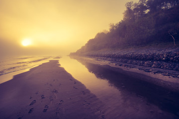 Foggy morning at the Baltic sea coast. Jastrzebia Gora, Poland