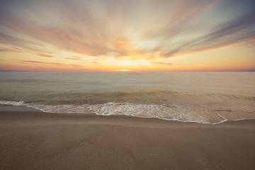 Foggy morning at the Baltic sea coast. Jastrzebia Gora, Poland