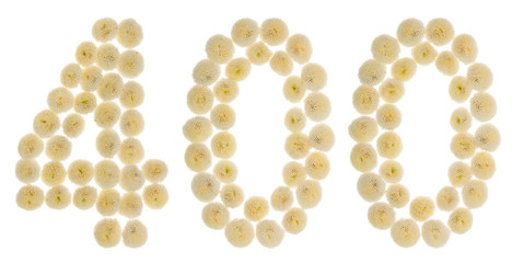 Arabic numeral 400, four hundred, from cream flowers of chrysanthemum, isolated on white background