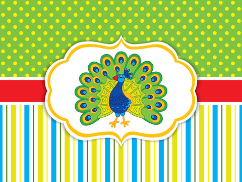 Vector Card Template with Cute Peacock. Vector peafowl. 