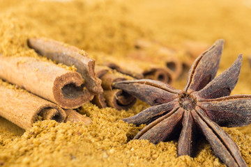 Cinnamon sticks with flower strewed with powder