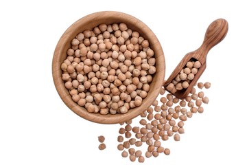 Chickpeas in a wooden plate and a wooden spoon on a white background