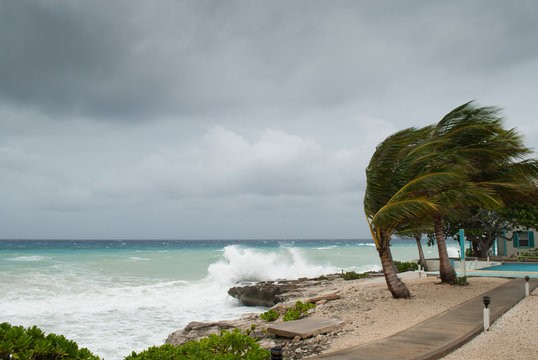 A hurricane is about to batter this caribbean beach hut. The seas are raging and the skies show the tropical storm as the power of nature is demonstrated. Waves crash on the shore © drew