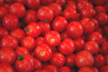 Fresh organic tomatoes at outdoor market. Top view. Close-up