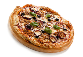 Pizza with tuna on white background 