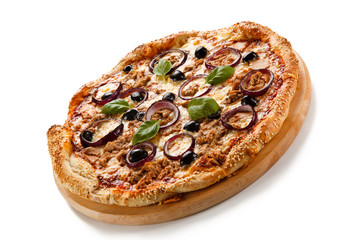 Pizza with tuna on white background 