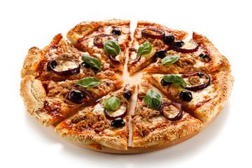 Pizza with tuna on white background 