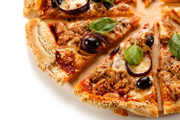 Pizza with tuna on white background 