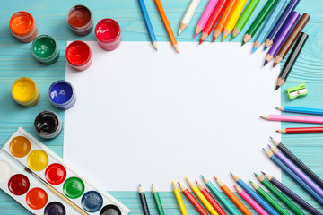 school and office supplies. school background. colored pencils, pen, pains, paper for  school and...