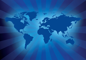 dark blue background with map of the world - vector with rays