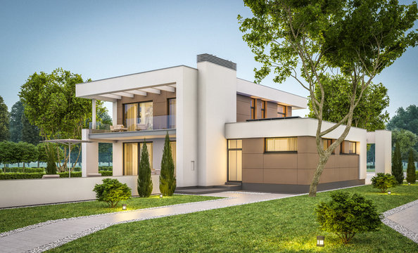 3d rendering of modern house at evening