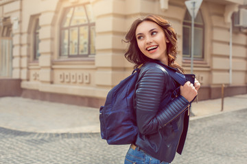 Fototapeta premium Young woman city walk tourist vacation lifestyle