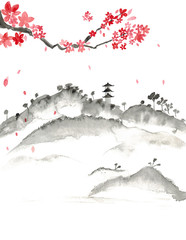 Landscape with hills and sun in traditional japanese sumi-e style on vintage watercolour background. 