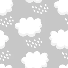 Schilderijen op glas Seamless pattern with white clouds and raindrops on gray background. Ornament for children's textiles and wrapping. Vector. © yanabear
