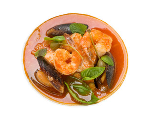 Asian soup with prawns on an isolated background