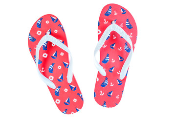 Red Flip Flops Isolated On White Background. Top View

