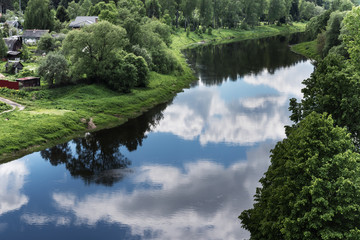 River and spring forest. Nature composition.