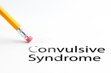 Closeup of pencil eraser and black convulsive Syndrome text. Convulsive Syndrome. Pencil with eraser.