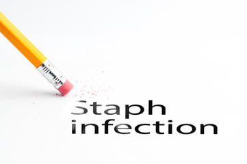 Closeup of pencil eraser and black staph infection text. Staph infection. Pencil with eraser.