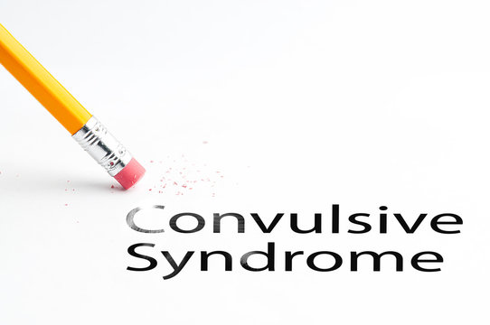 Closeup of pencil eraser and black convulsive Syndrome text. Convulsive Syndrome. Pencil with eraser.
