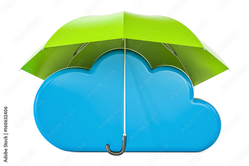 Aufkleber security and protection concept, computing cloud under umbrella. 3d rendering