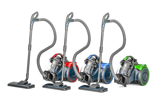 Set of colored vacuum cleaners, 3D rendering