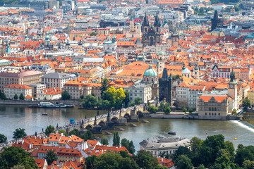 Naklejka na ściany i meble The view of the skyline of the old city with the Charles Bridge, Prague, Czech Republic, Europe.