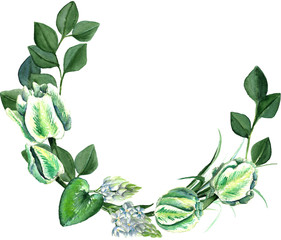Fototapeta premium Watercolor hand drawn white and green parrot tulips, freesia, eucalyptus, ornithogalum lilly leaves wreath. Decorative floral composition for wedding design. Round frame for your design.