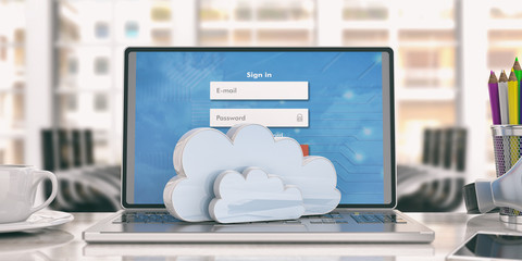 Computer cloud concept - login on the computer screen. 3d illustration