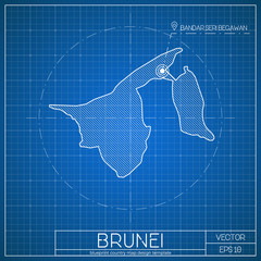 Brunei blueprint map template with capital city. Bandar Seri Begawan marked on blueprint Bruneian map. Vector illustration. © Eugene Ga