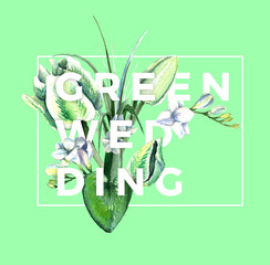 Watercolor hand drawn white and green parrot tulips, freesia, eucalyptus, lilly leaves and cyclamen composition wiyh letters. Decorative floral composition for wedding design. Green wedding.