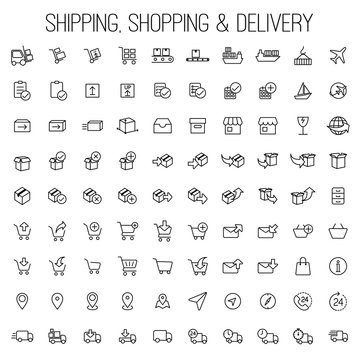 shipping, shopping and delivery icons set white background