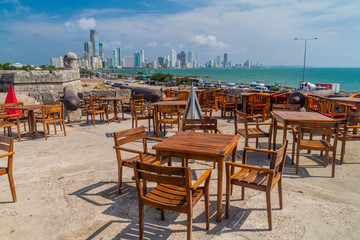 Tables and chairs at the fortification walls of Cartagena, Colombia