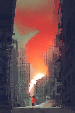 woman holding  red smoke flare on street in abandoned city with digital art style, illustration painting