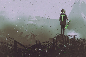Fototapeta premium black robot holding a mechanical arm standing on a pile of spare parts, digital art style, illustration painting