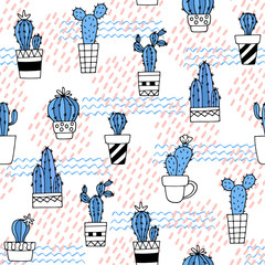 Seamless pattern with cute cactus and hand drawn textures.Perfect for fabric,textile.Vector background.