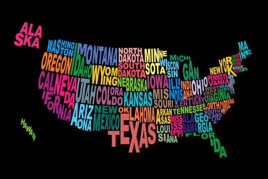 USA state map word cloud black