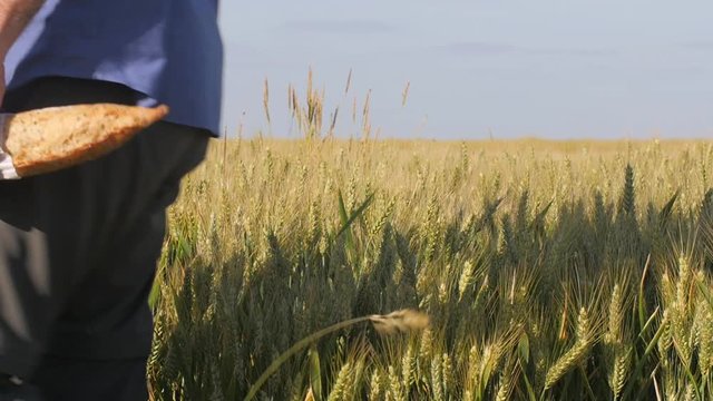 Un homme traverse un champs de bl&eacute; en portant un pain