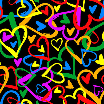 Gay pride rainbow colored hearts seamless pattern.