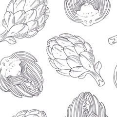 Hand drawn seamless pattern with artichoke. Monochrome background in sketch style