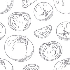 Hand drawn seamless pattern with tomatoes. Monochrome background in sketch style