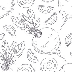 Hand drawn seamless pattern with beetroot. Monochrome background in sketch style - 160653614