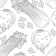 Hand drawn seamless pattern with celery. Monochrome background in sketch style
