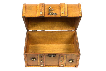 Open old wooden chest on white background