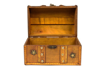 Open old wooden chest on white background