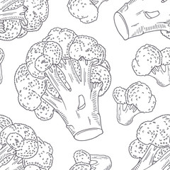 Hand drawn seamless pattern with broccoli. Monochrome background in sketch style