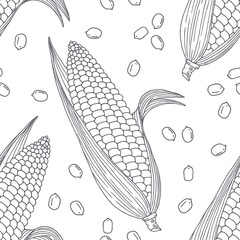Hand drawn seamless pattern with corn. Monochrome background in sketch style