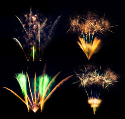 Collection of fireworks explosions isolated on black background