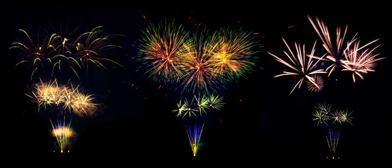 Collection of fireworks explosions isolated on black background