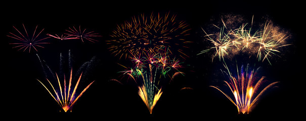 Collection of fireworks explosions isolated on black background